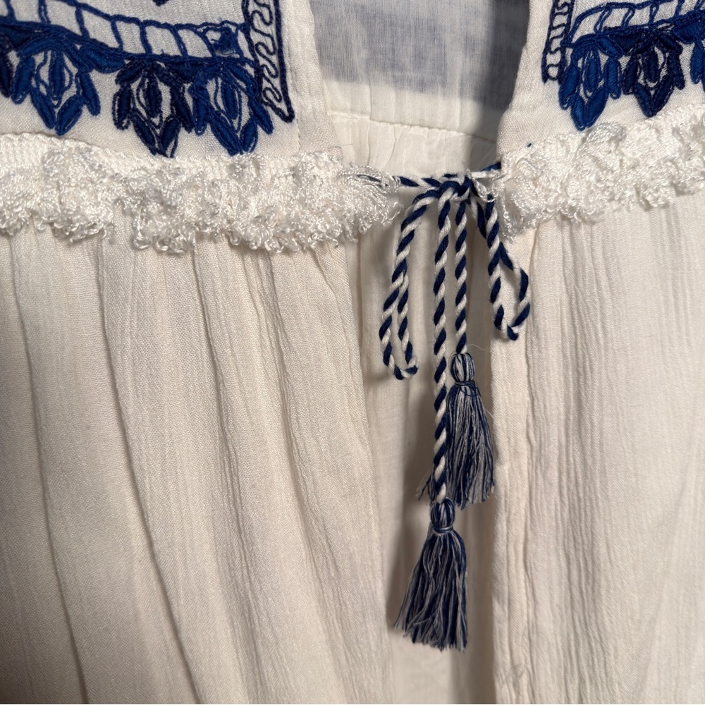 Zara Blue and Cream Boho Embroidered Blouse Jacket Size Small - Picture 6 of 15